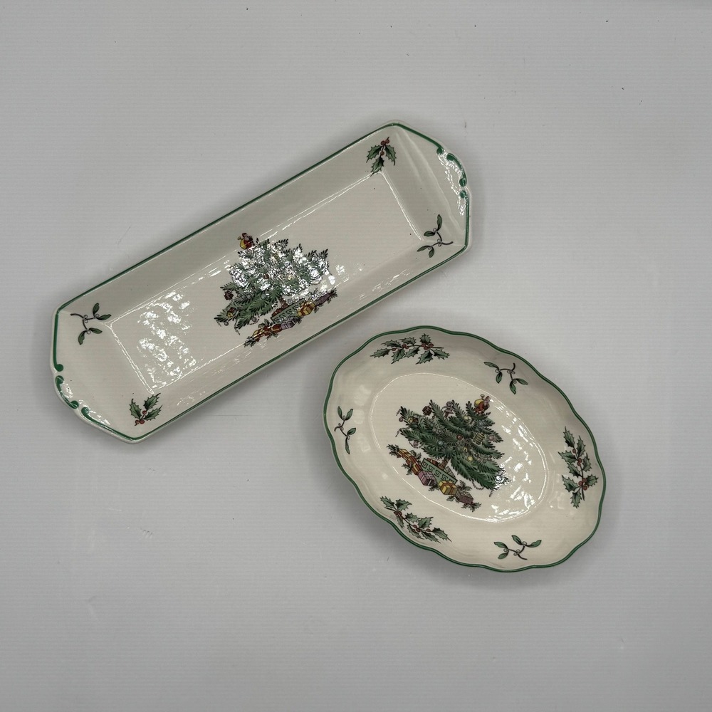Spode Christmas Tree Set White Serving Mint Tray and Oval Dish Made in England